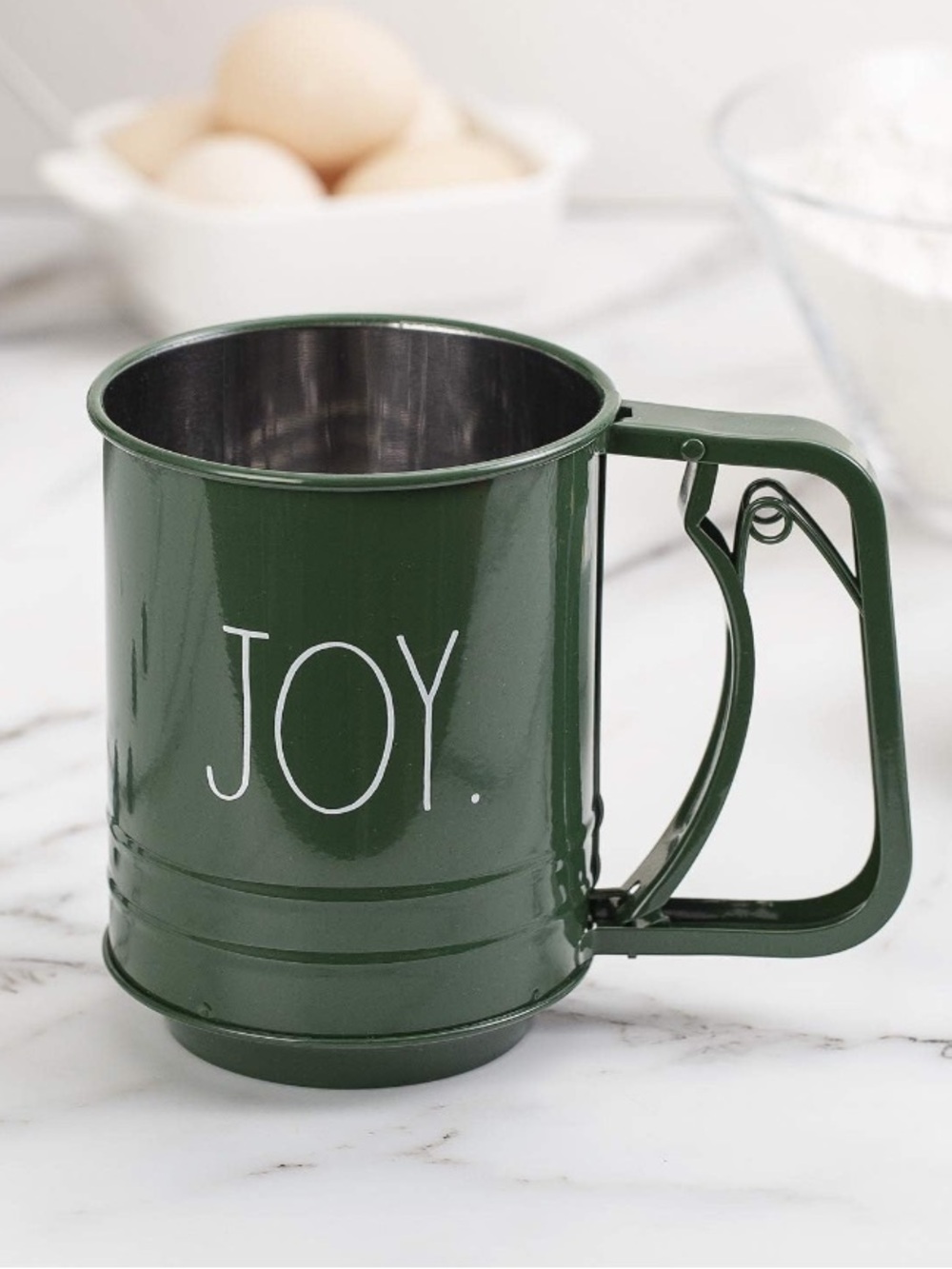 NWT Rae Dunn Green Holiday Baking 3 Cup Flour Sifter “JOY.”